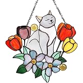 Heuvcnsr Cat Suncatchers Decor, Handcrafted Stained Glass Window Hangings for Cat Lovers, 16*16cm/6.3*6.3inch, Color+gray