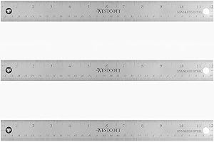 Westcott Stainless Steel Ruler Set with Non-Slip Cork Backing, Easy to Read Etched Markings, Flexible and Sturdy Design, for Crafting, Office, Classroom, Back to School Supplies, 12-Inch, 3 Pack