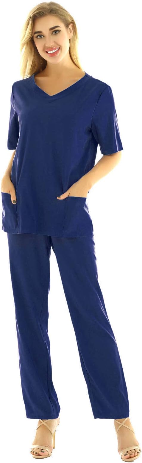 2Pcs Unisex Adults Medical Doctor Nursing Scrubs Costume Short Sleeves Shirt with Long Pants