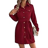 ChiaoLezhee Women's Business Casual Corduroy Shirt Dress, Collared Button Down with Belt Cinched Waist, Winter Short Dresses