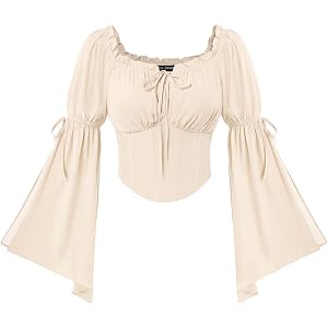 Scarlet Darkness Women Renaissance Corset Bell Sleeve Off Shoulder Tops | Ruched Slim Fit Peasant Blouse, Pirate Ren Faire Sh