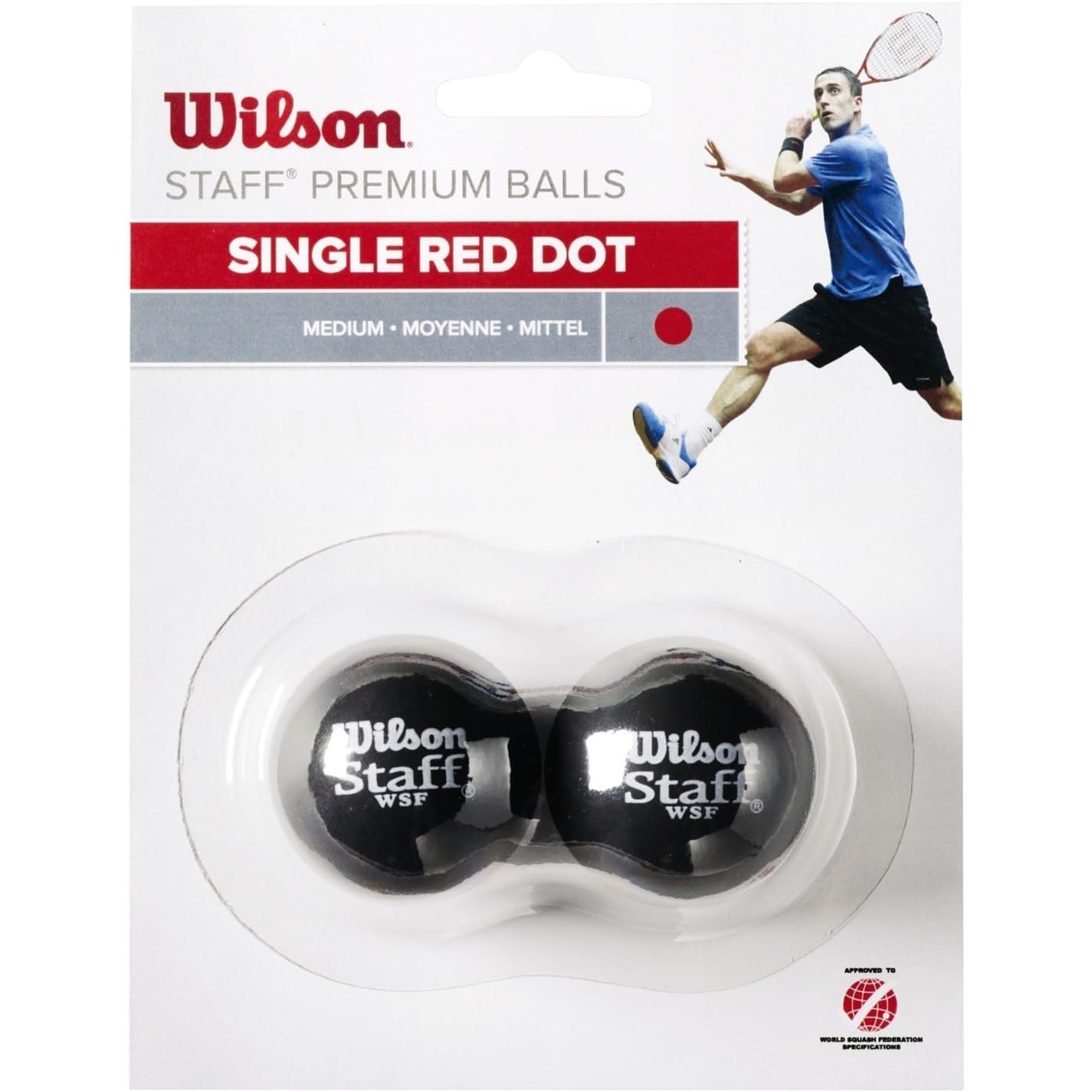 Wilson Squash Ball, 2 pieces, Average Speed, Beginners, Red Dot, Staff Premium Single Red Dot, WRT617700, Black