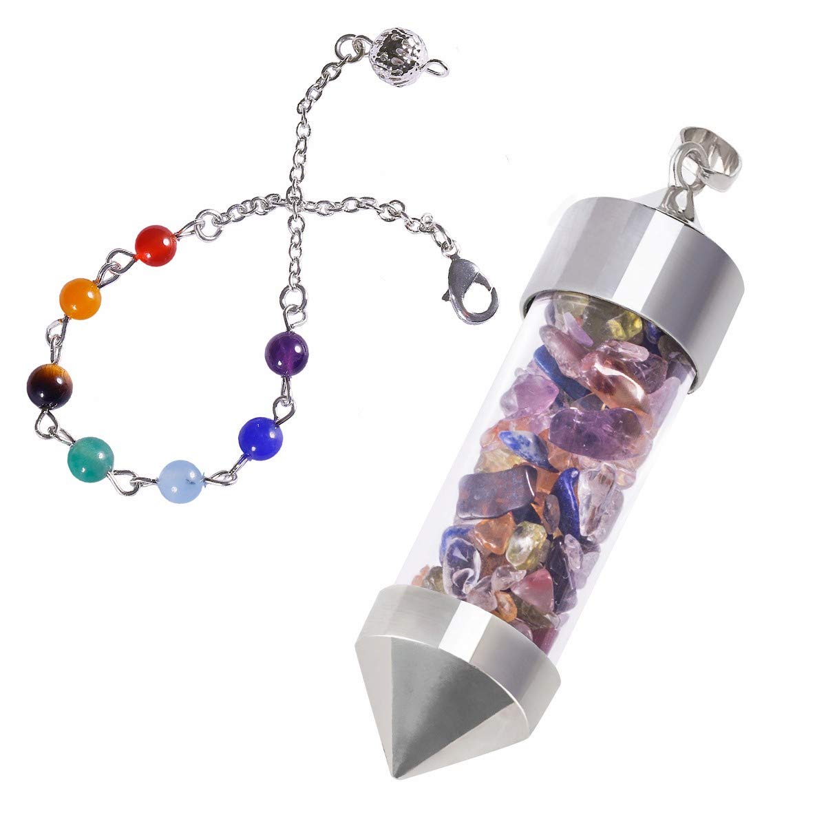 mookaitedecor Assorted Crystal Pendulum Bottle Crystal Pendant Necklace Chips Crystal Point Pendulum for Dowsing Scrying Divination Reiki Healing Crystal Pendulum with 7 Chakra Bead Chain