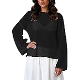 COOLOYA Women's Loose Fit Sheer Knit Sweater Round Neck Long Sleeve Solid Pullover Tops