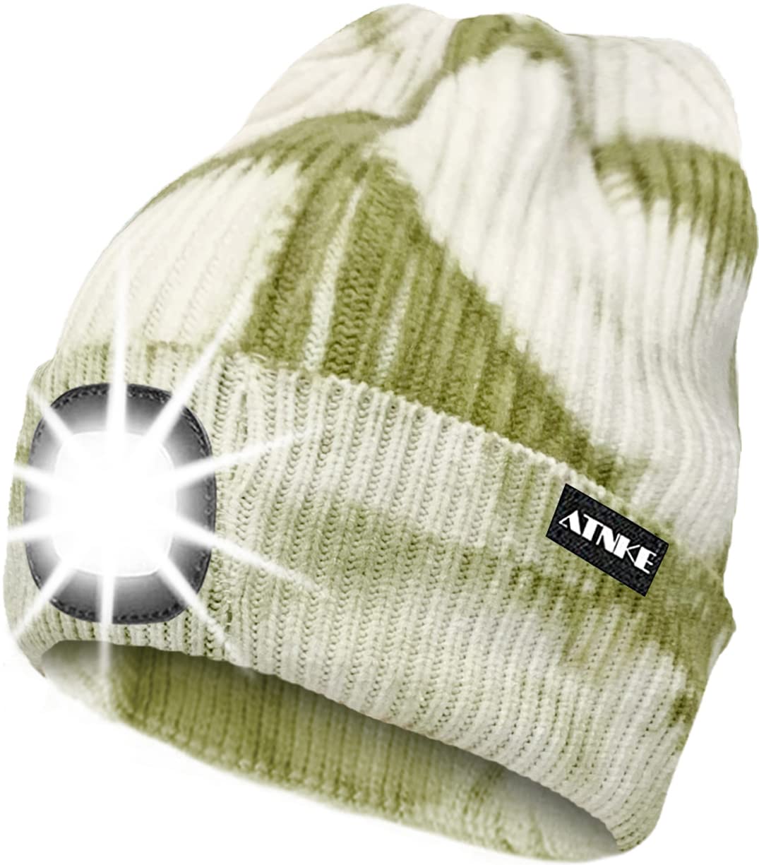 ATNKE LED Lighted Beanie Cap,USB Rechargeable Running Hat Ultra Bright 4 LED Waterproof Light Winter Warm Gifts for Men and Women/Tie Dye Green
