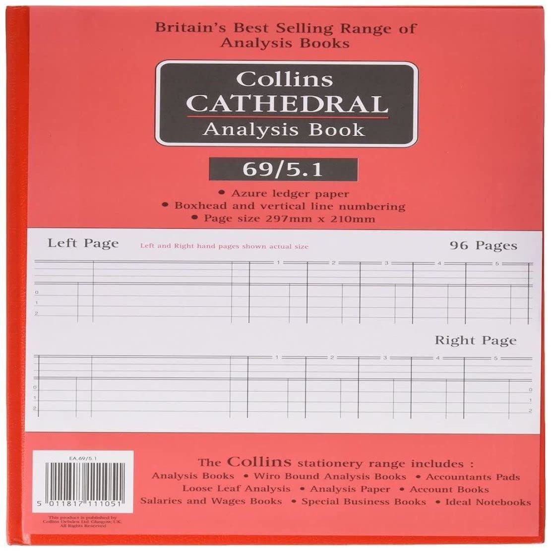 Collins 060343 Cathedral 69 Series 5 Cash Columns A4 Analysis Book, 96 Pages, Red 1