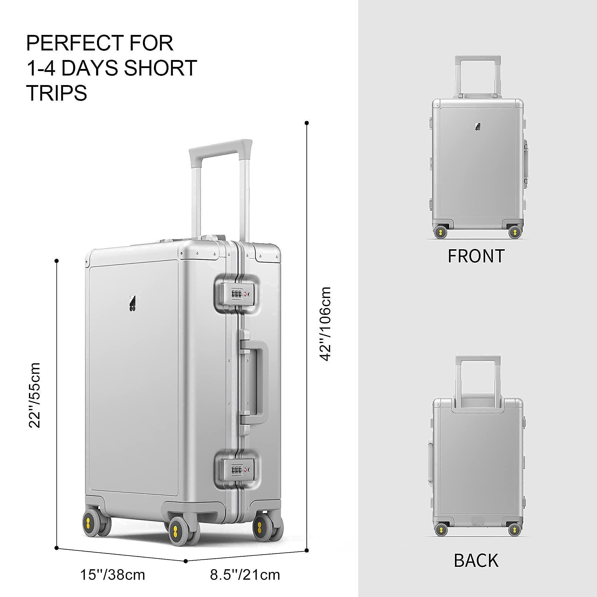 LEVEL8 Gibraltar Carry on Luggage, 20 Inch Aluminum Zipperless Luggages Airline Approved, Hardside Suitcase with TSA Lock and Spinner Wheels, Silver