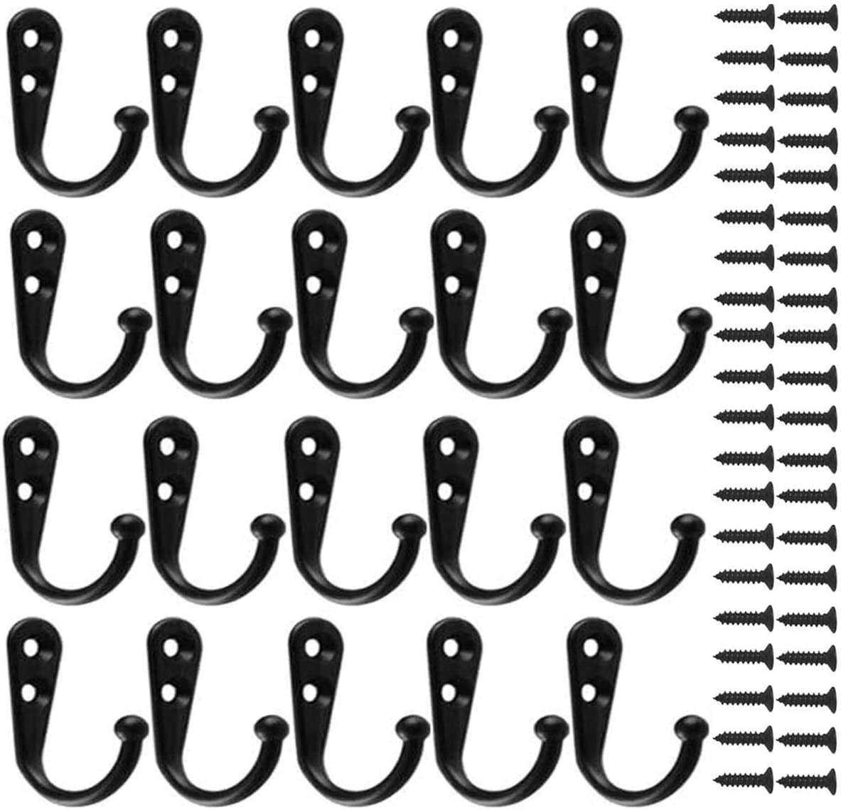 Namvo 20 Pieces Large Coat Hooks Wall Single Mounted Hook Hangers with 40 Pieces Screws，Perfect Use in Bedroom Bathroom Kitchen Black