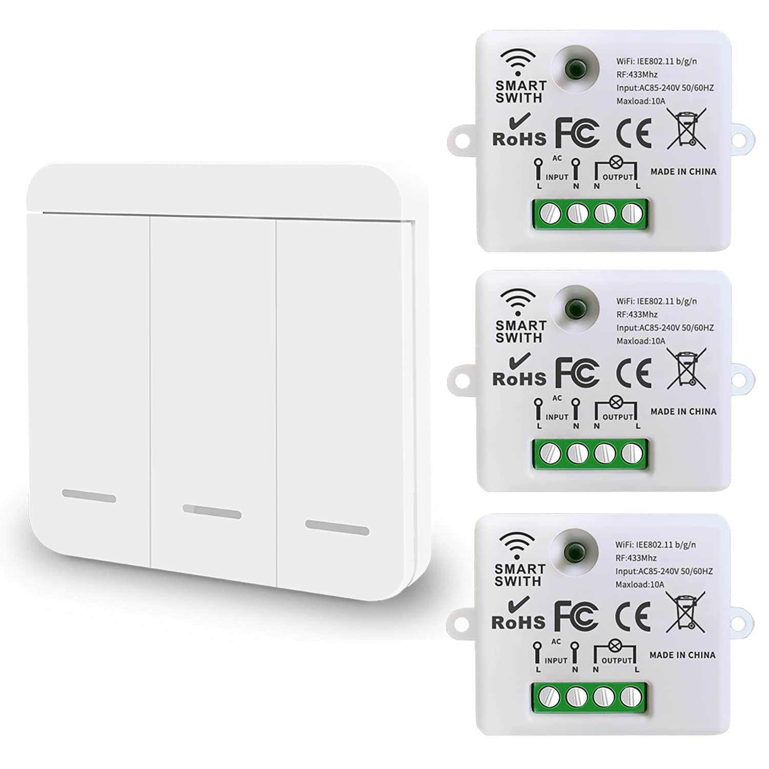 DieseRC Mini Wireless WiFi Switch, 2500W 10A RF Relay Remote Control 3 Recievers with 1 Wireless Wall Switch, Smart Control by Phone Via Tuya APP, Compatible with Alexa/Google Home
