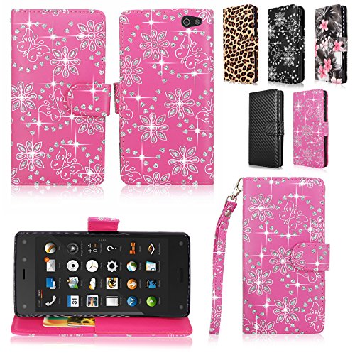 Cellularvilla Wallet Case for Amazon Fire Phone Pu Leather Wallet Card Flip Open Pocket Case Cover Pouch (Pink Glitter)