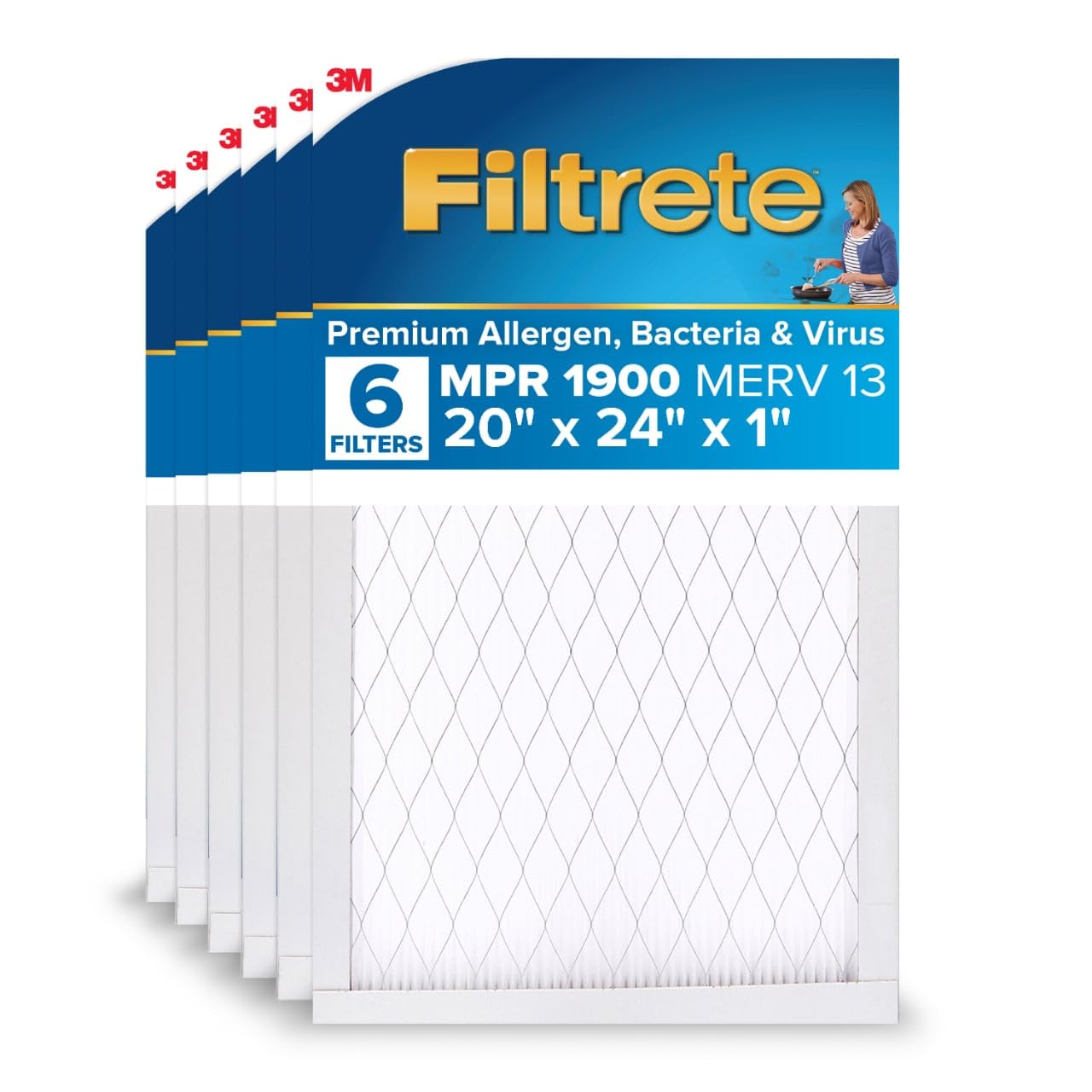 Filtrete 20x24x1 AC Furnace Air Filter, MERV 13, MPR 1900, Premium Allergen, Bacteria & Virus Filter, 3-Month Pleated 1-Inch Electrostatic Air Cleaning Filter, 6-Pack (Actual Size 19.81x23.81x0.78 in) Image