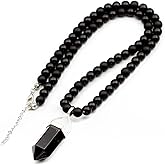 ElisaJewelryArt - Big Pointed Onyx Pendant Black Onyx Beaded Necklace Genuine Gemstone Strength Stone Clasp Closure Hematite Necklace Unisex Necklace