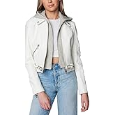 [BLANKNYC] Womens White Vegan Leather Hooded Moto Jacket With Zipper Pockets and Self Belt, Stylish Coat & Designer Clothing
