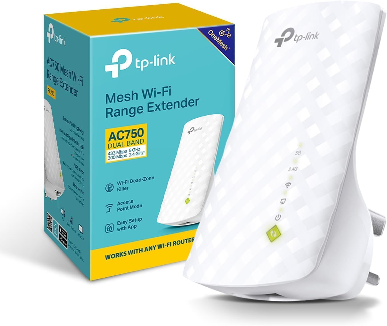 TP-Link RE220 WiFi Extender Booster, Dual-Band AC750 Mbps Range Extender Repeater with Ethernet Port, Connect Wired Devices, Works as a Wireless Adapter, Connect up to 32 Devices,Simple Two-Step Setup