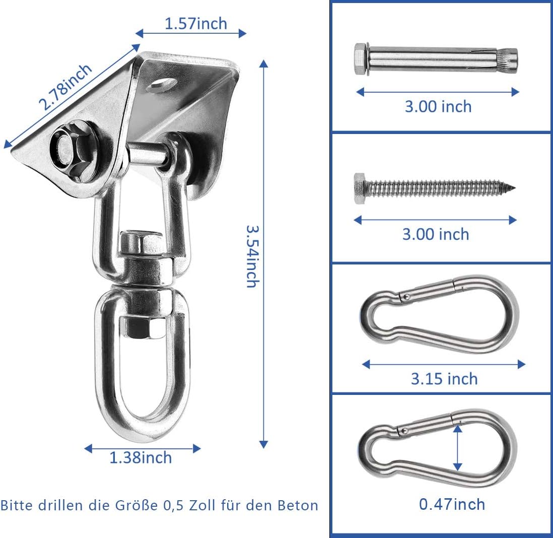 GothicBride Hammock Hooks SUS304 450KG Suspension Hooks 360° Swing Hangers Heavy Duty with Bolt for Concrete Wooden Yoga Boxing Hammock Chair (2 Pieces 360°) - Image 3