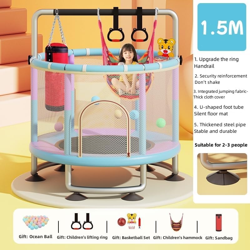 5-in-1 Toddler Trampoline for Kids, Upgrade 60"Trampoline for Toddler Indoor Outdoor, Trampoline with Safety Enclosure Net and Swing, Ocean ball, Children's sandbag