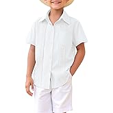 Kukume Boys Guayabera Shirt Short Sleeve Button Down Casual Linen Shirt with Pockets for Summer Hawaiian Holiday 4-13Y
