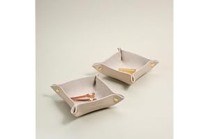 OLETHA Small Foldable Valet Tray, Set of 2 - Aesthetic Desk Organizer for Home, Office & Travel - Portable Catch All Bowl for Keys, Jewelry & Essentials - Woven Textured, Beige