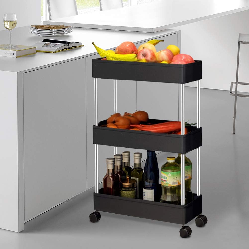 SOLEJAZZ Storage Cart 3-Tier Slim Mobile Shelving Unit Rolling Bathroom Carts with Handle for Kitchen Bathroom Laundry Room Narrow Places, Black: Kitchen & Dining