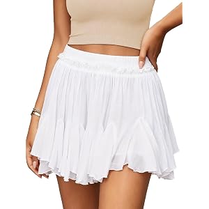 CWT Women's Linen Skirt Flowy Pleated Boho Mini Ruffle Skorts with Pocket