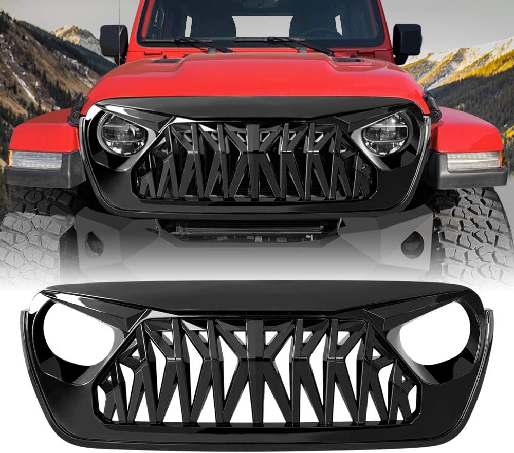 American Modified Front Shark Grille for 2018-2020 Jeep Wrangler JL Jeep Gladiator JT (Gloss Black)