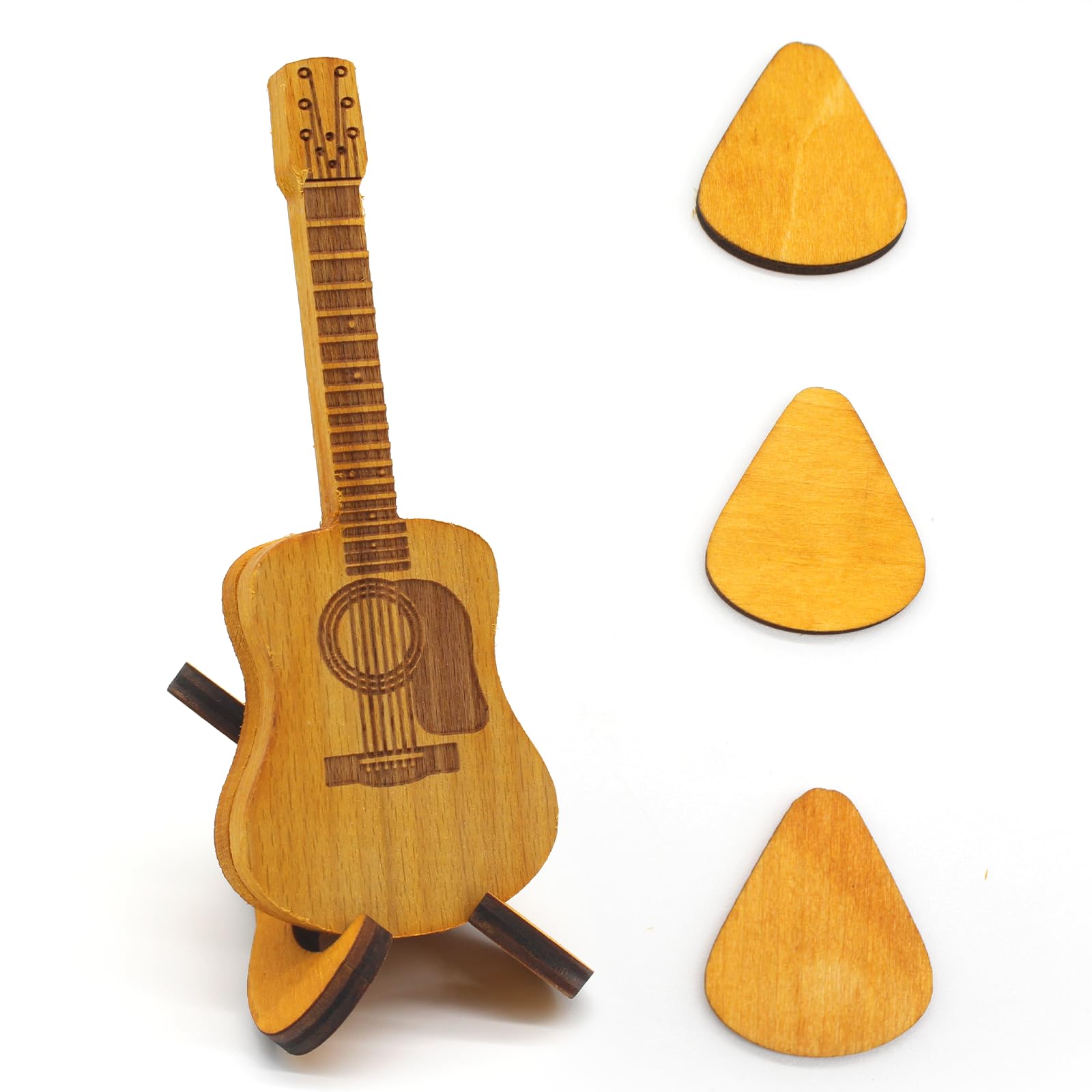 JDBlissful Acoustic Guitar Pick Box With 3 Plectrums and Stand, Wooden Holder Case, Personalised Picks, Gift for Players and Lovers