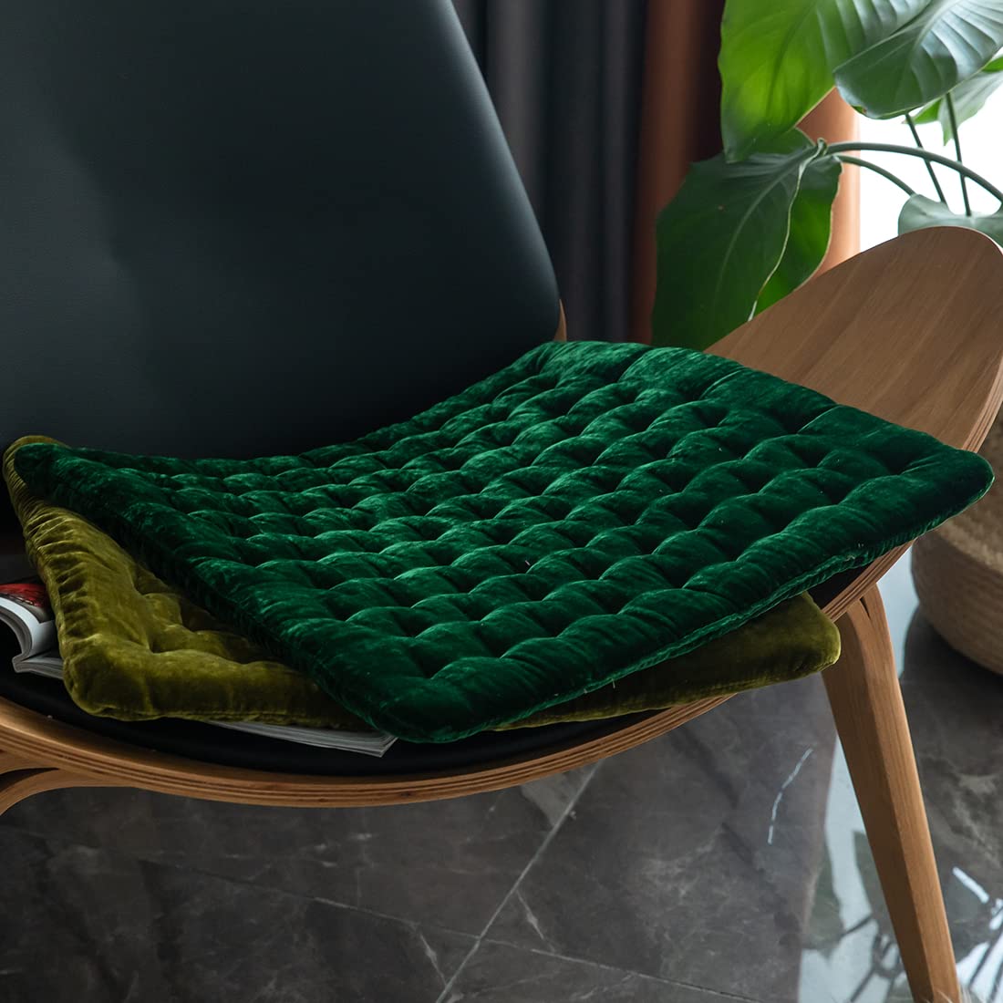 Photo 1 of vctops Luxury Velvet Square Chair Pad Soft and Comfy Chair Cushion Tufted Indoor Seat Cushion Pillow Tatami (Dark Green,17"x17")