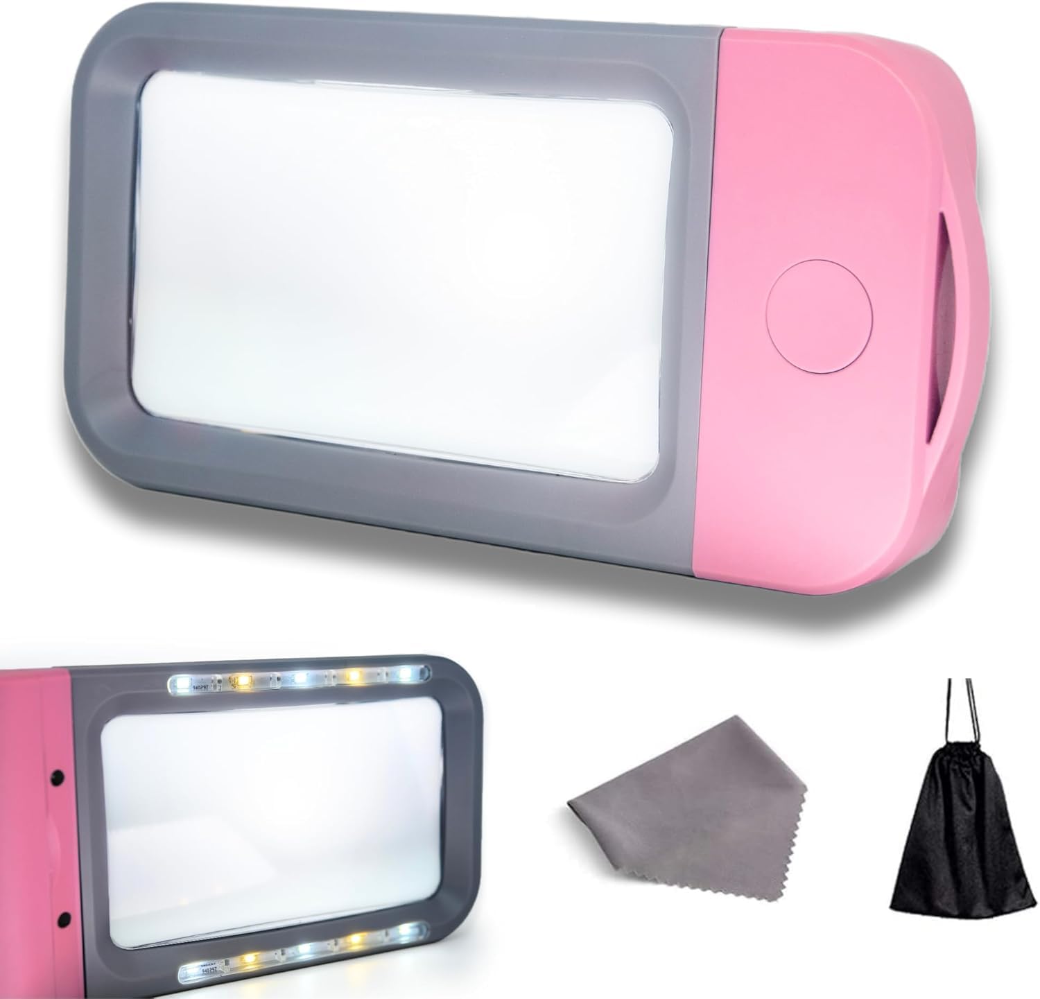 VOCA BV100 Rectangular Magnifying Glass with Light (Pink), Magnifier, Large, Foldable, Handheld, 10 LED, 4 Dimming Modes, 3X Magnifying Reading for Seniors, Low Vision, Book, Magazine, Newspaper, Maps