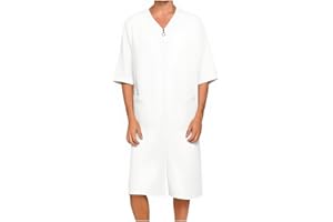 Mens Robes Lightweight Zipper House Coat Short Sleeve V Neck Nightgown Soft Knee Length Loose Bathrobe with Pockets