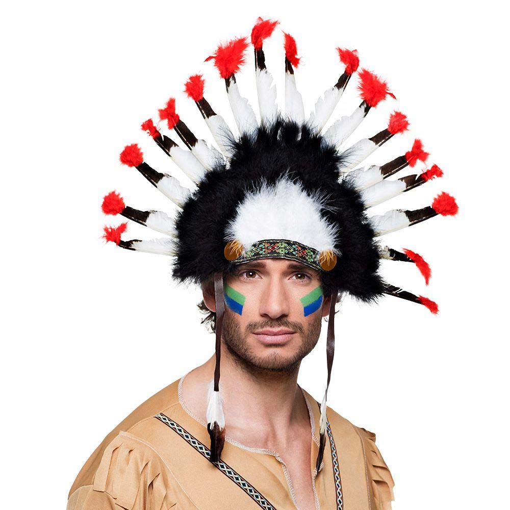 Boland 44138 – Indian Headpiece, One Size, Mohawk, Red/Black/White with Feathers and Side Straps, Chief, Leather, Warhood, Feather Jewellery, Headwear, Accessory
