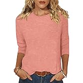 Womens 3/4 Length Sleeve Tops Crew Neck Basic Tees Shirts Casual Loose Fit Blouses