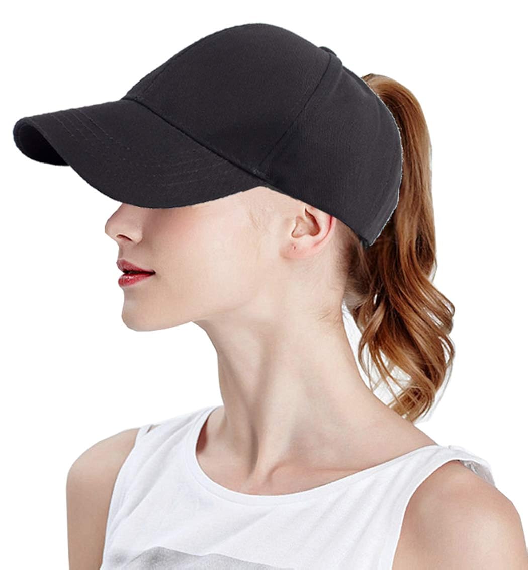 Cotton Ponytail Hat Messy Baseball Cap Pony Tail Hats for Women Messy Buns Pony Caps (Black