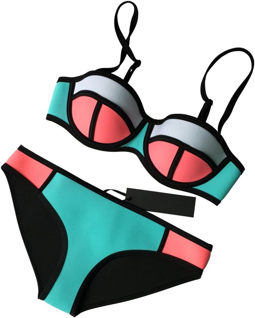 MUXILOVE Color Conjoin Women Neoprene Bikini Set Swimwear Swimsuit Green Medium