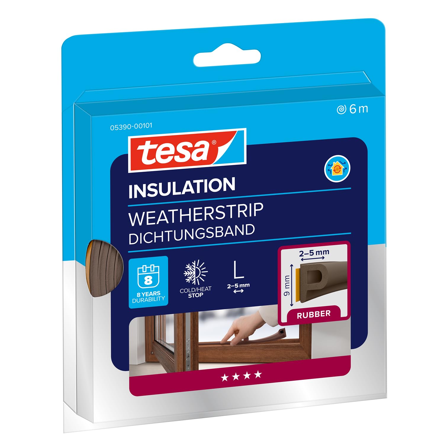 tesa INSULATION Weatherstrip Rubber L - Rubber Seal - Self-adhesive Seal for Insulating gaps on windows and doors - Brown - 6 m x 9 mm x 5.5 mm