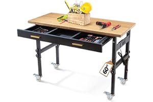 BMJX US 60" Work Bench with Drawers Storage, Adjustable Workbench for Garage with Wheels, Power Outlets, 2700 LBS Load Capacity, Natural Bamboo Wood Top Workbench Work Table for Garage, Home (60x23.6)