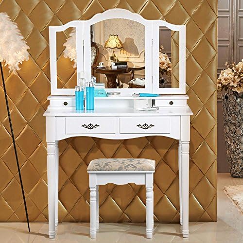 Monumart White Dressing Table Set with 3 Foldable Mirrors and Stool,4 Drawers Vanity Make Up Dresser
