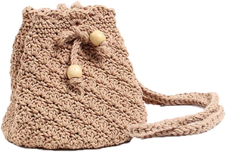 VOANZO Hand-Woven Small-Capacity Female Bag with Knitted Cotton Thread Mouth, Sweet and Cute Girl Messenger Bucket Bag(Brown)
