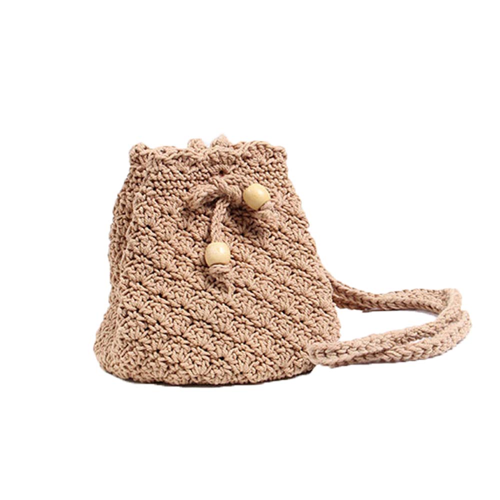 VOANZO Hand-Woven Small-Capacity Female Bag with Knitted Cotton Thread Mouth, Sweet and Cute Girl Messenger Bucket Bag（Brown）