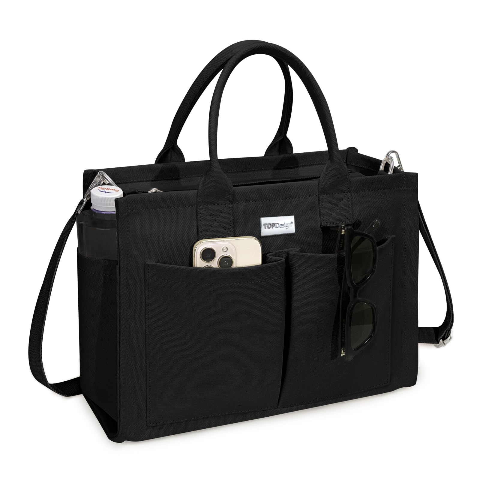 Photo 1 of TOPDesign Heavy-Duty Canvas Tote Bag for Women, Adjustable Crossbody Handbag with 9 Pockets, for Work, Travel (Black)