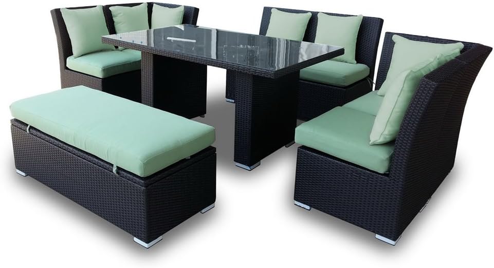 Jamaican Outdoor Wicker Patio Furniture Sofa and Dining Set Combination in Black Wicker with Army Green Cushions