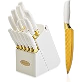 Knife Set, Non Stick Thick and Sharp Stainless Steel Kitchen Knives Set with Wood Block, 14 Pcs Cutlery Knives Block Set with Steak Knife, Bread Knife, Scissors, Chef Quality, White Handle Gold Blade
