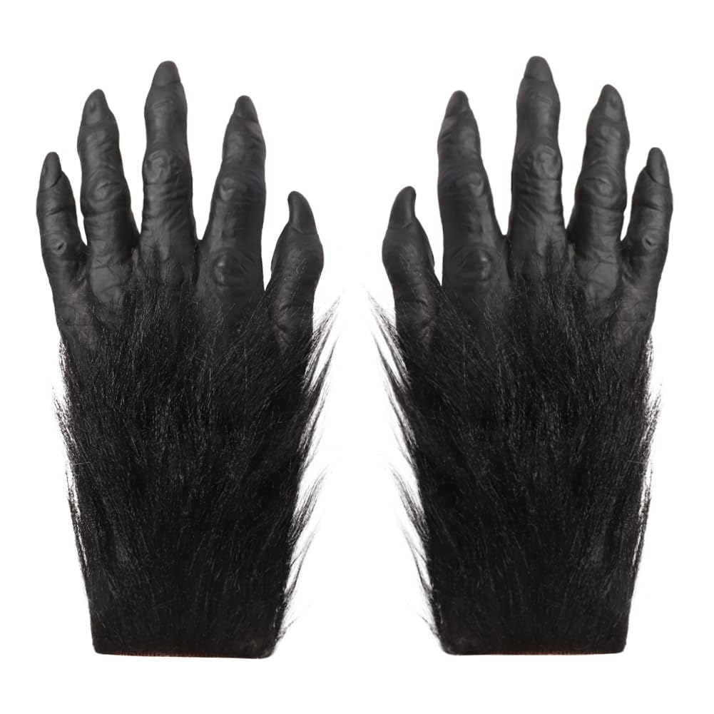Halloween Werewolf Animal Furry Claw Paw Gloves - Hairy Hands Wolf Bear Paw With Long Nails - Creepy Fancy Dress Party Hands for Scary Cosplay Costume Dress Up Props