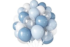 TOGVU Dusty Blue Balloon, 12 inch Blue White Clear Balloon, Light Blue Macaron Blue Matte White Balloons with Transparent Balloons for Birthday Party Wedding Baby Shower Gender Reveal Decorations