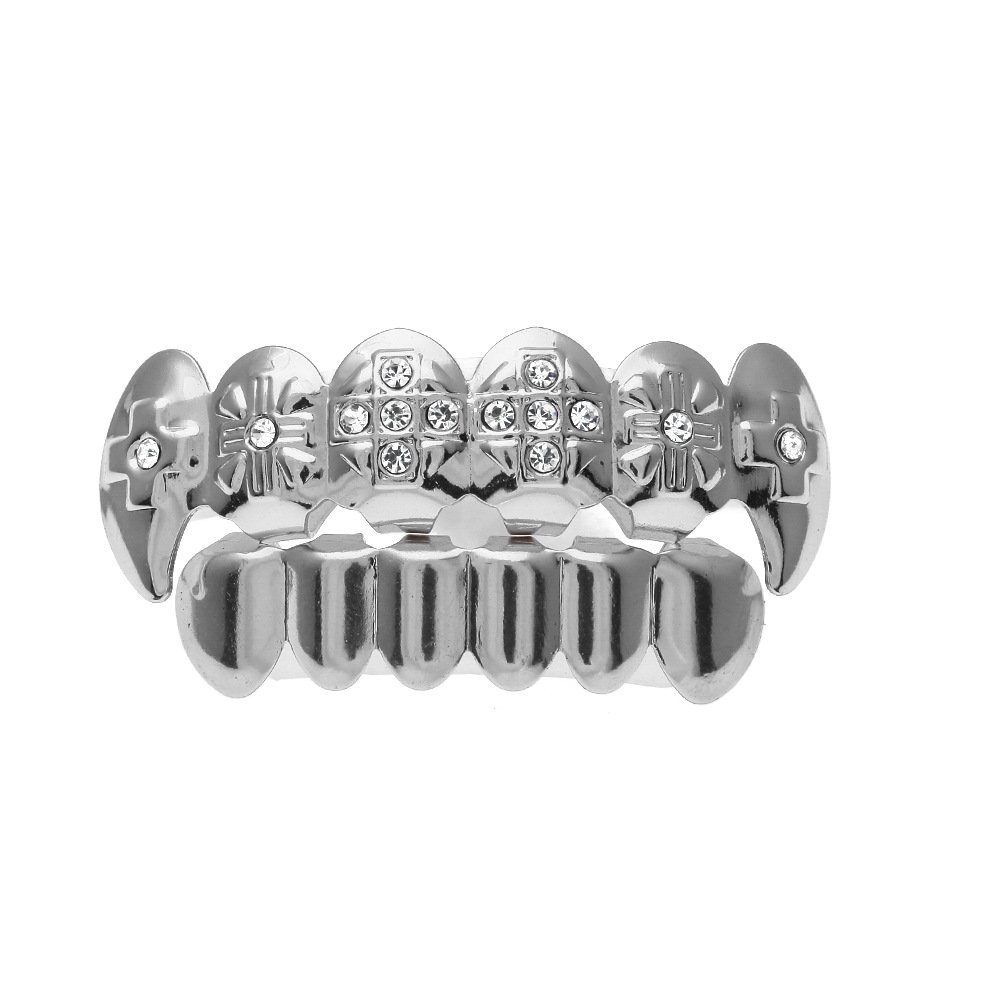 Huangiao Hip Hop Gold Plated Bling Bling Teeth Fangs Grillz Caps Top & Bottom Platinum Dental Grill 