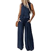 Dokotoo Pants Sets Women 2 Piece Outfits Sleeveless Round Neck Tank Tops Matching Sets for Women Elastic Waist Wide Leg