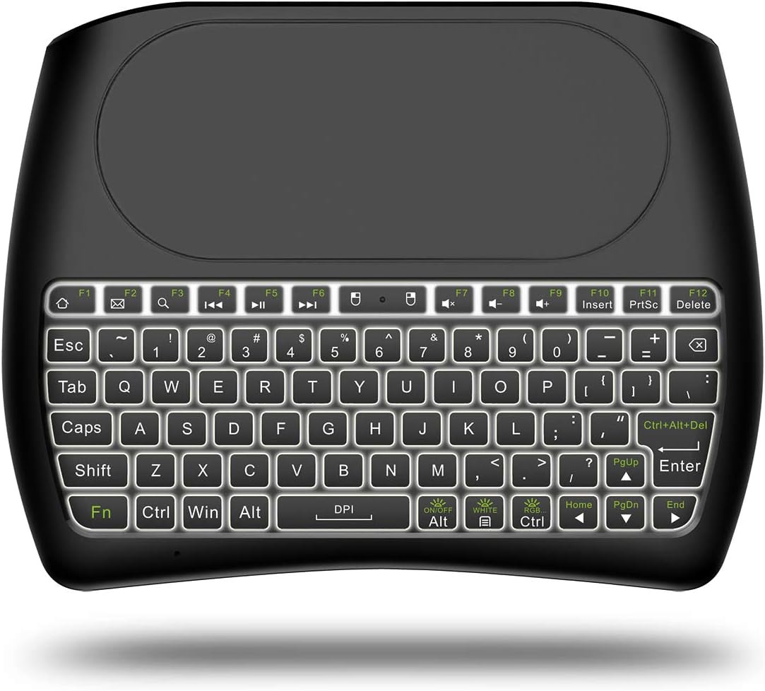 D8 Backlit Mini Wireless Keyboard with Large Touchpad Mouse, More Than Seven Backlit Modes 2.4Ghz Backlit Handle Rechargeable Keyboard for Internet Box, Android TV Box, Smart TV, HTPC, Computer etc