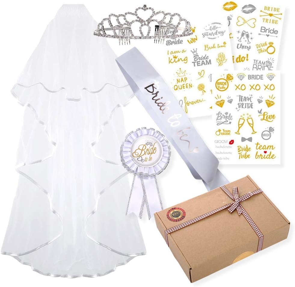 OBEDA Best Bridal Shower Decorations & Hen Party Accessories - Perfect Bride To Be Gift & Wedding Party Supplies Accessories with Elegant Veil/Crown/Sash/Badge