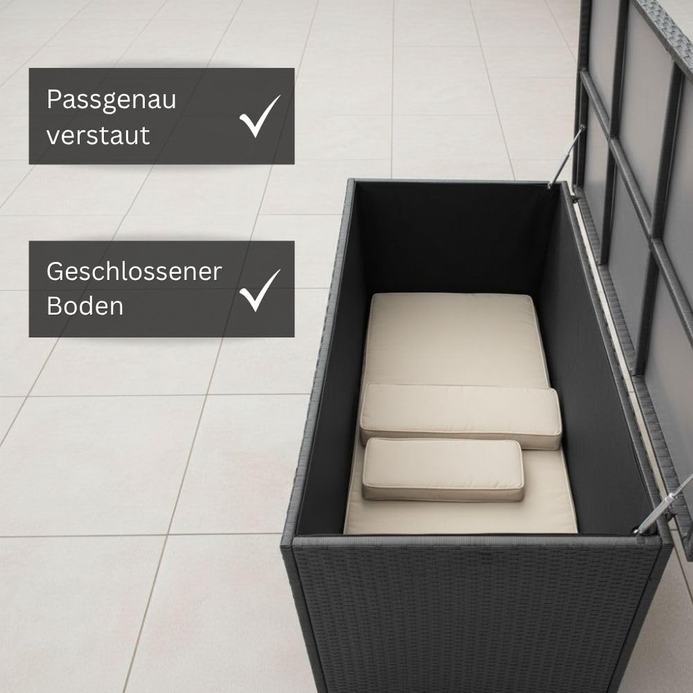 RS Trade Auflagenbox wasserdicht, Gartenbox, Aufbewahrungsbox Garten, Kissenbox Outdoor, Gartentruhe, große Gartenkiste für Polster, wetterfeste Garten-Aufbewahrung, Polyrattan, 650l, silber 3