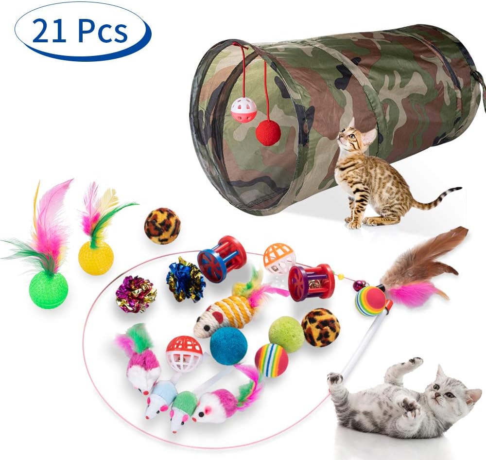 Dono 21Pcs Cats Feather Toys-Kitten Interactive Pet Toys Assortments (2 or 3 Way Hole Tunnel) Cat Feather Wand Fun Ball Chew Sticks, Fluffy Mouse, Fake Mice, Crinkle Balls, Bell Play Supplies : Pet Supplies