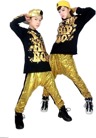 Amazon Amiggoo キッズ ヒップホップ 長袖 半袖 ゴールド 銀色 サルエルパンツ サルエルパンツ ステージ衣装 ジャズ ダンス衣装 子供 パーカー 応援団 Tシャツ ダンス スウェット グループ イベント サルエルパンツ 130 170cm ロングパンツ 通販